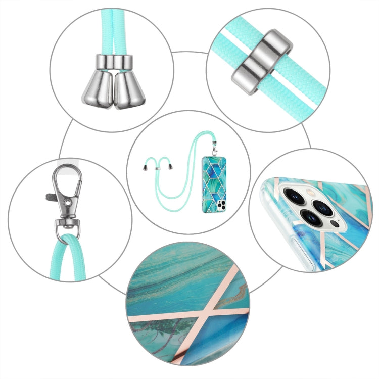 For iPhone 15 Pro Max Electroplating Splicing Marble Pattern IMD TPU Shockproof Case with Neck Lanyard(Green) - HoMEdemic™ 