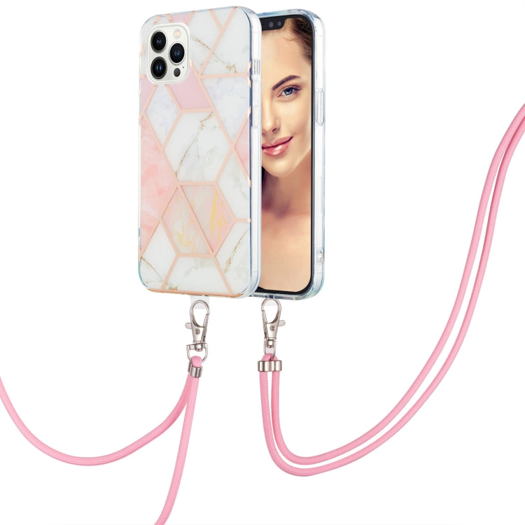 For iPhone 15 Pro Max Electroplating Splicing Marble Pattern IMD TPU Shockproof Case with Neck Lanyard(Pink White) - HoMEdemic™ 