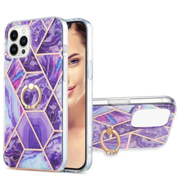 For iPhone 15 Pro Max Electroplating Splicing Marble Pattern IMD TPU Shockproof Case with Ring Holder(Dark Purple) - HoMEdemic™ 