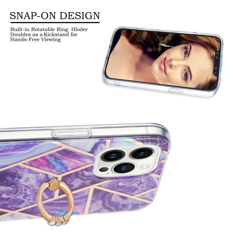 For iPhone 15 Pro Max Electroplating Splicing Marble Pattern IMD TPU Shockproof Case with Ring Holder(Dark Purple) - HoMEdemic™ 