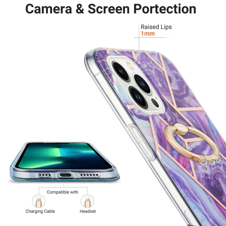 For iPhone 15 Pro Max Electroplating Splicing Marble Pattern IMD TPU Shockproof Case with Ring Holder(Dark Purple) - HoMEdemic™ 