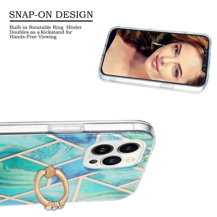 For iPhone 15 Pro Max Electroplating Splicing Marble Pattern IMD TPU Shockproof Case with Ring Holder(Green) - HoMEdemic™ 