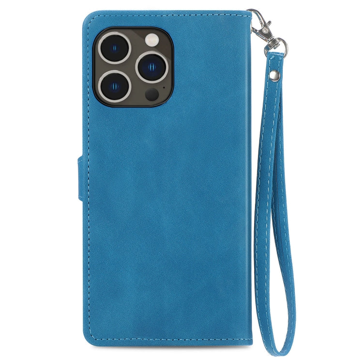 For iPhone 15 Pro Max Embossed Flower Zipper Leather Phone Case(Blue) - HoMEdemic™ 