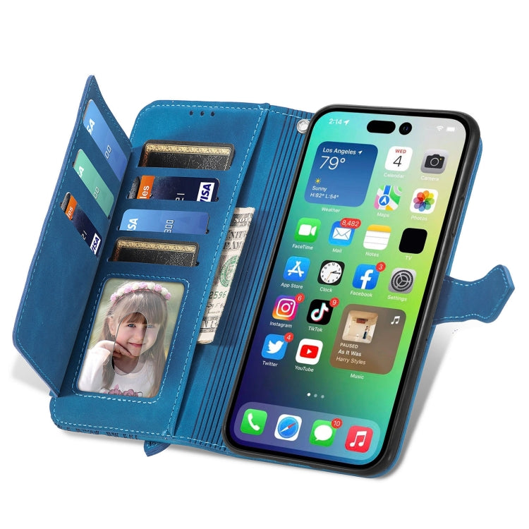 For iPhone 15 Pro Max Embossed Flower Zipper Leather Phone Case(Blue) - HoMEdemic™ 