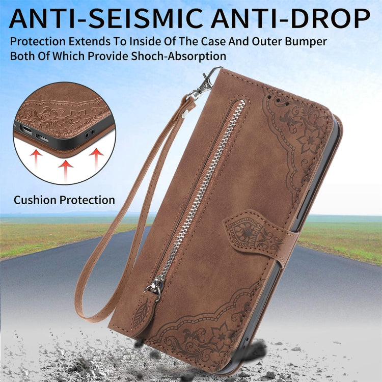 For iPhone 15 Pro Max Embossed Flower Zipper Leather Phone Case(Brown) - HoMEdemic™ 