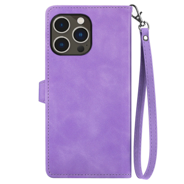For iPhone 15 Pro Max Embossed Flower Zipper Leather Phone Case(Purple) - HoMEdemic™ 