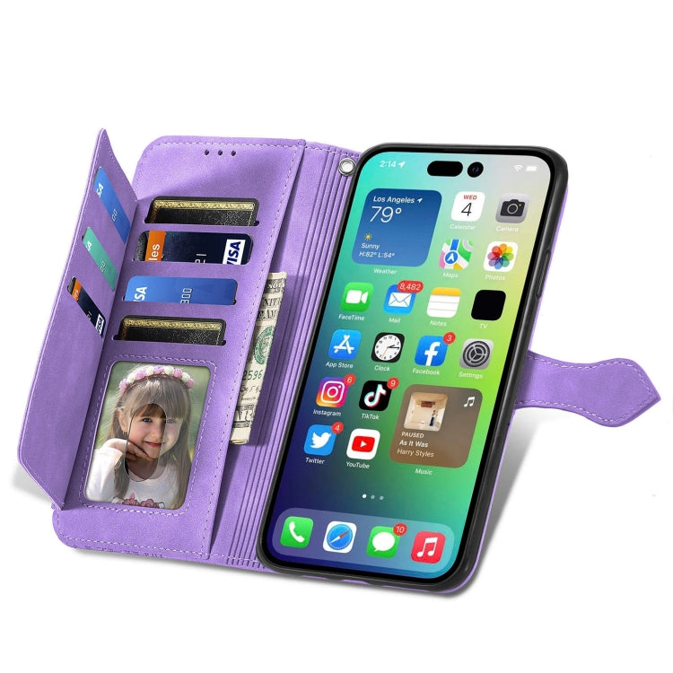 For iPhone 15 Pro Max Embossed Flower Zipper Leather Phone Case(Purple) - HoMEdemic™ 