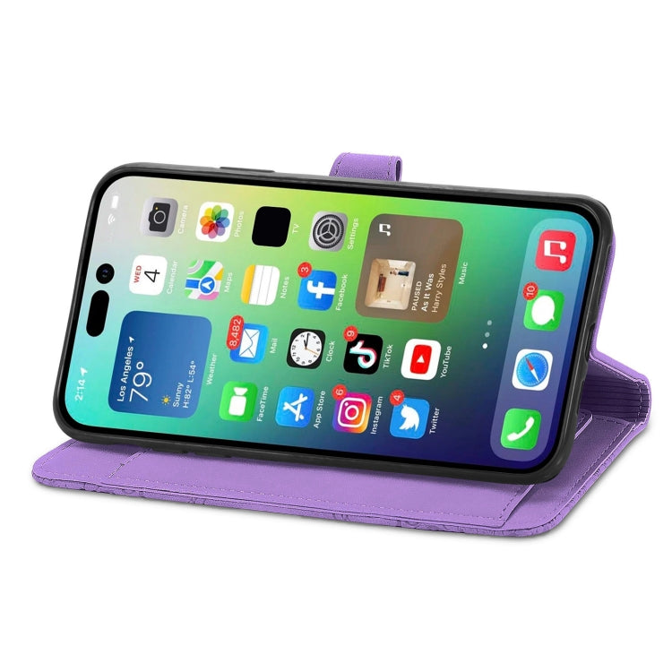 For iPhone 15 Pro Max Embossed Flower Zipper Leather Phone Case(Purple) - HoMEdemic™ 