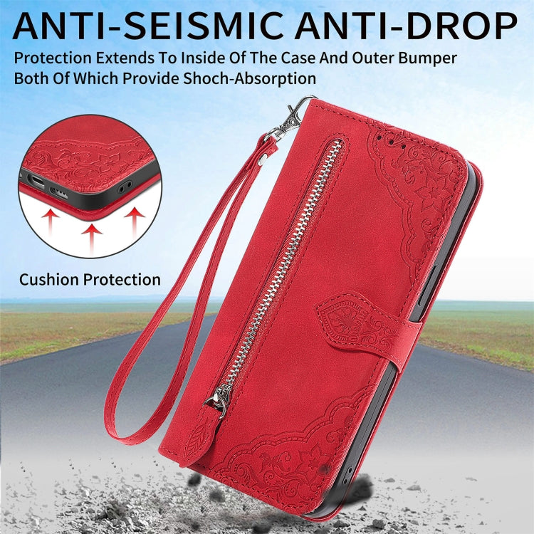 For iPhone 15 Pro Max Embossed Flower Zipper Leather Phone Case(Red) - HoMEdemic™ 