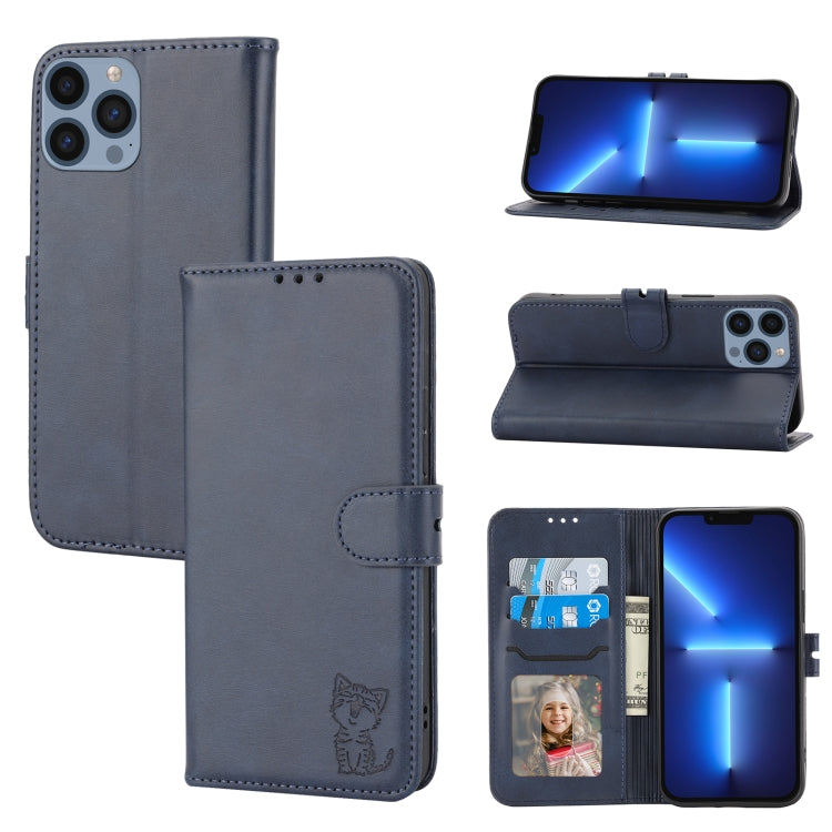 For iPhone 15 Pro Max Embossed Happy Cat Pattern Flip Leather Phone Case(Blue) - HoMEdemic™ 