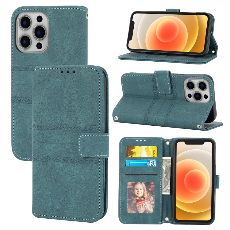 For iPhone 15 Pro Max Embossed Stripes Skin Feel Leather Phone Case(Dark Green) - HoMEdemic™ 
