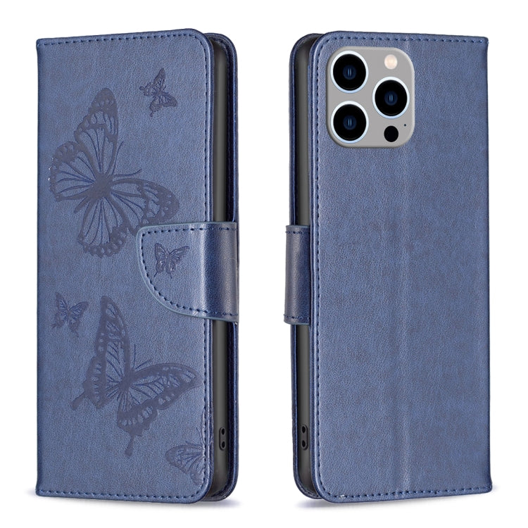 For iPhone 15 Pro Max Embossing Two Butterflies Pattern Leather Phone Case(Blue) - HoMEdemic™ 