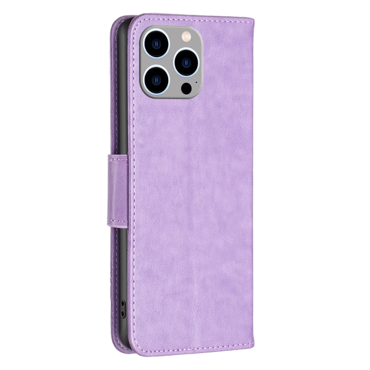 For iPhone 15 Pro Max Embossing Two Butterflies Pattern Leather Phone Case(Purple) - HoMEdemic™ 