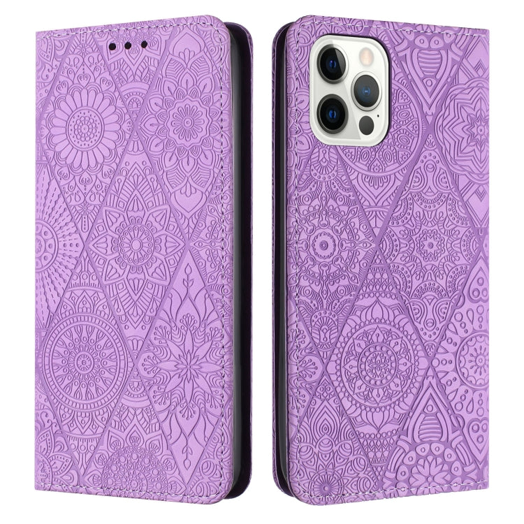 For iPhone 15 Pro Max Ethnic Embossed Adsorption Leather Phone Case(Purple) - HoMEdemic™ 