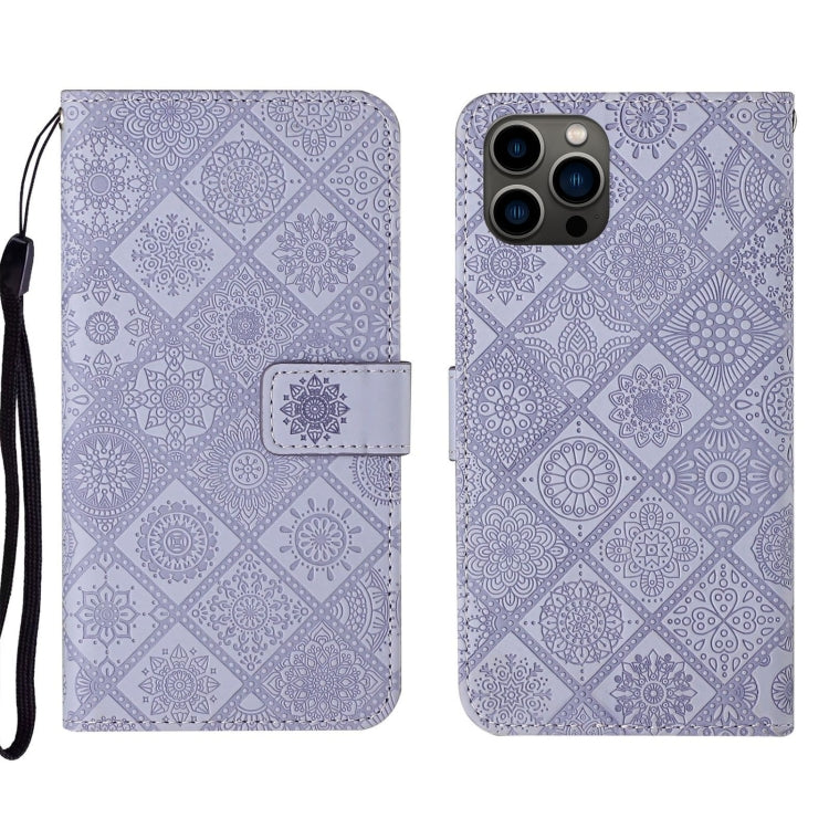 For iPhone 15 Pro Max Ethnic Style Embossed Pattern Leather Phone Case(Purple) - HoMEdemic™ 