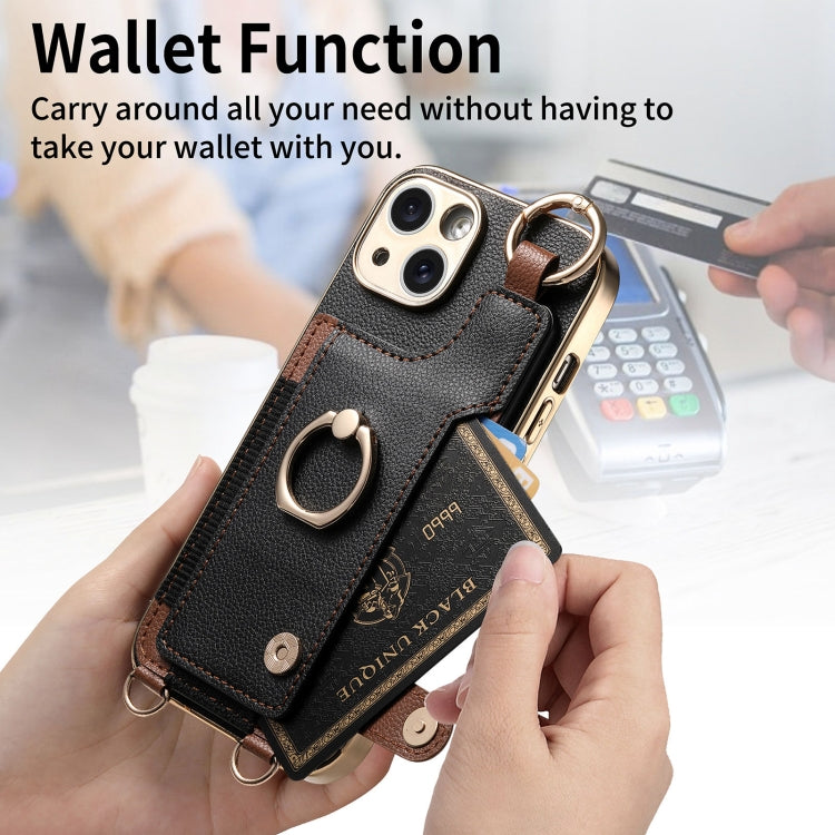 For iPhone 15 Pro Max Fashion Ring Card Bag Phone Case with Hang Loop(Black) - HoMEdemic™ 