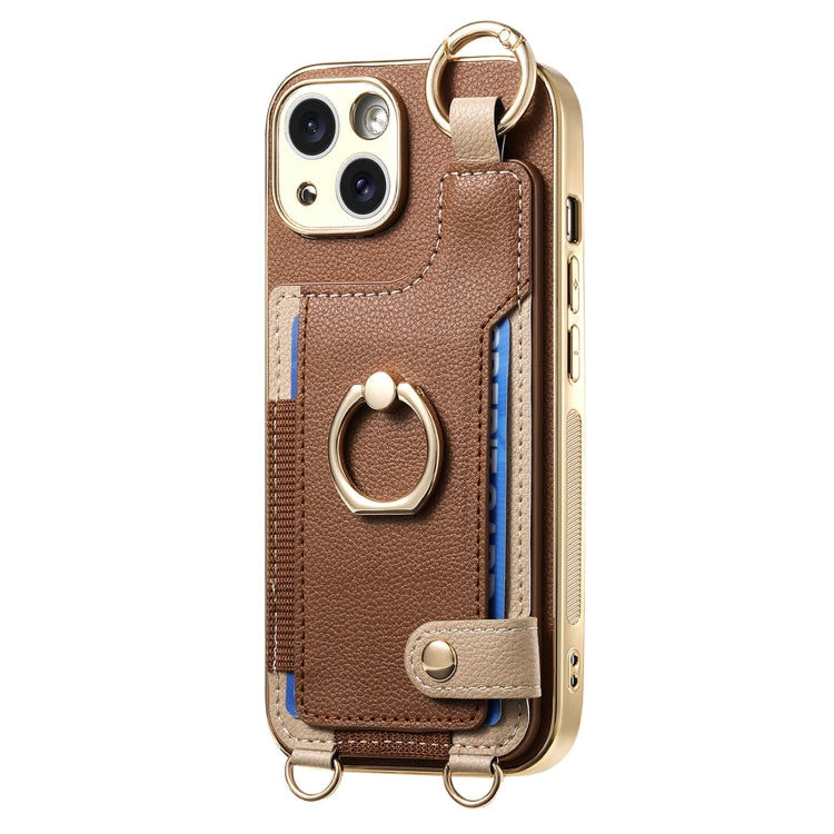 For iPhone 15 Pro Max Fashion Ring Card Bag Phone Case with Hang Loop(Brown) - HoMEdemic™ 