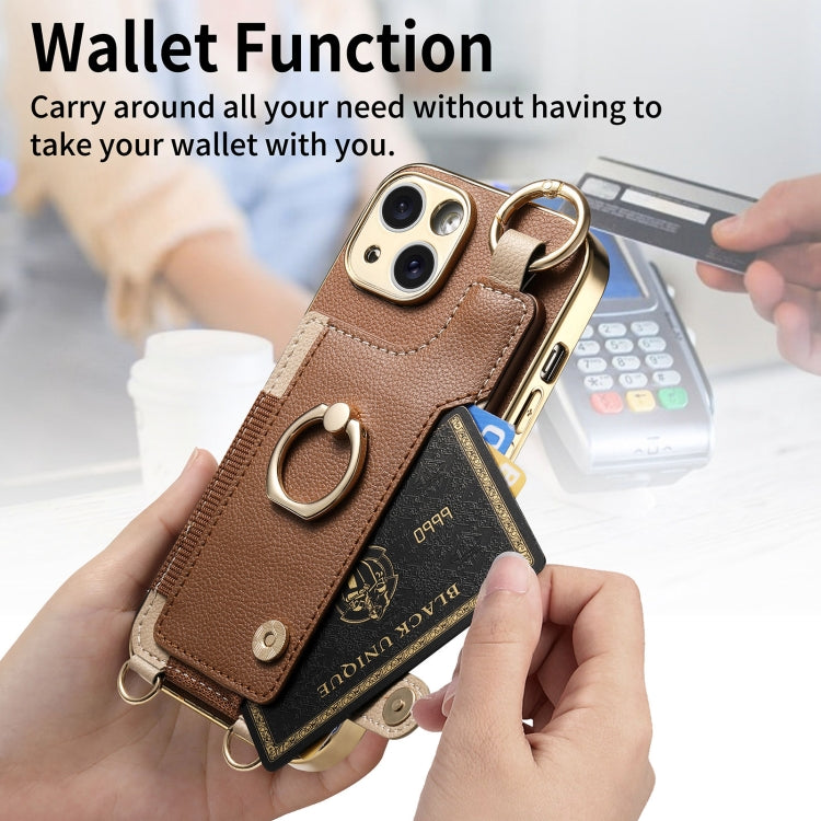 For iPhone 15 Pro Max Fashion Ring Card Bag Phone Case with Hang Loop(Brown) - HoMEdemic™ 