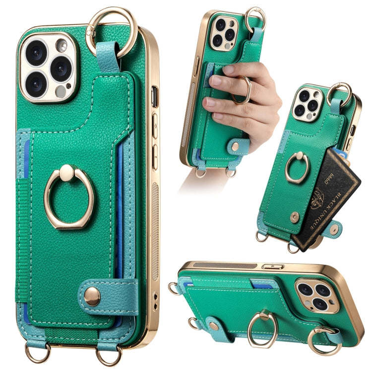 For iPhone 15 Pro Max Fashion Ring Card Bag Phone Case with Hang Loop(Green) - HoMEdemic™ 