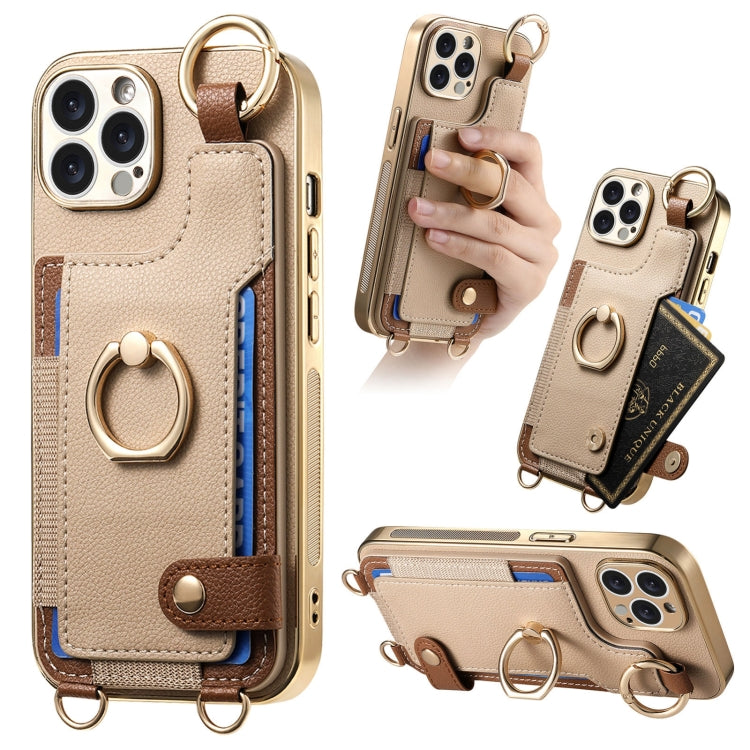 For iPhone 15 Pro Max Fashion Ring Card Bag Phone Case with Hang Loop(Khaki) - HoMEdemic™ 