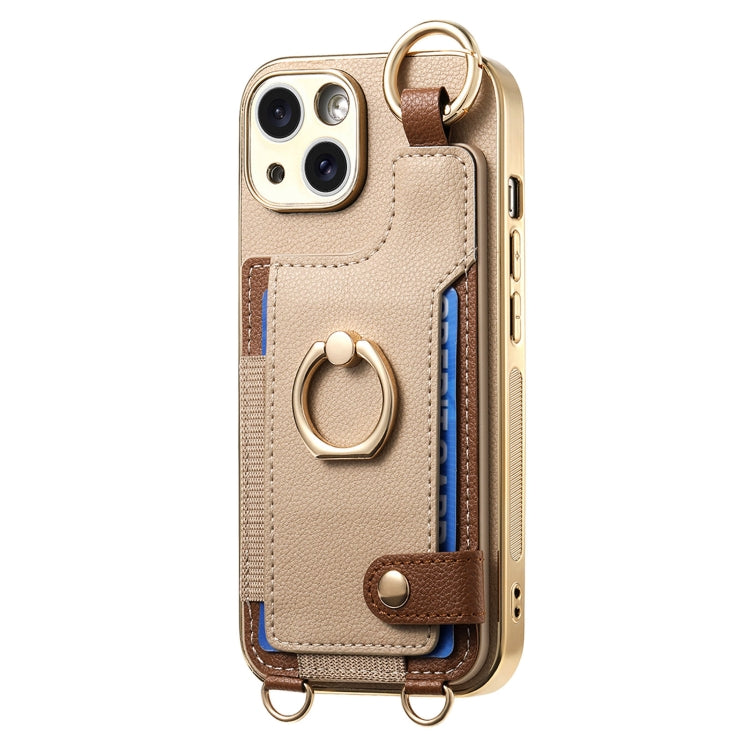 For iPhone 15 Pro Max Fashion Ring Card Bag Phone Case with Hang Loop(Khaki) - HoMEdemic™ 