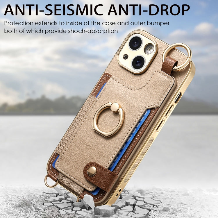 For iPhone 15 Pro Max Fashion Ring Card Bag Phone Case with Hang Loop(Khaki) - HoMEdemic™ 
