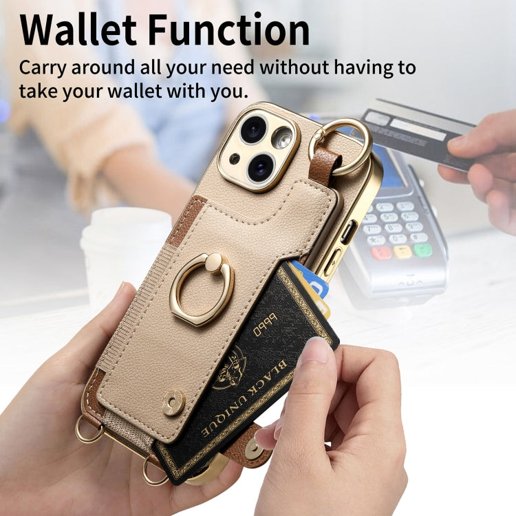 For iPhone 15 Pro Max Fashion Ring Card Bag Phone Case with Hang Loop(Khaki) - HoMEdemic™ 