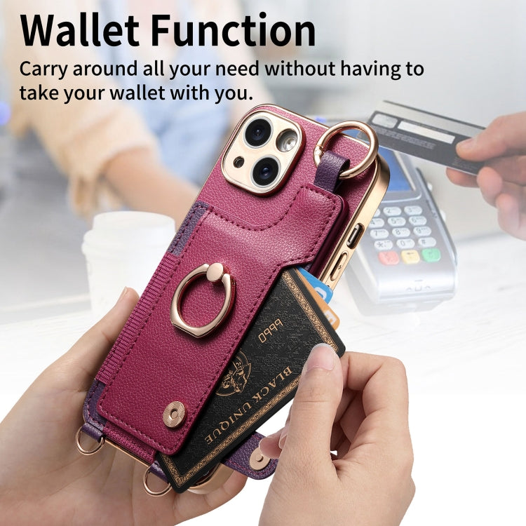 For iPhone 15 Pro Max Fashion Ring Card Bag Phone Case with Hang Loop(Purple) - HoMEdemic™ 