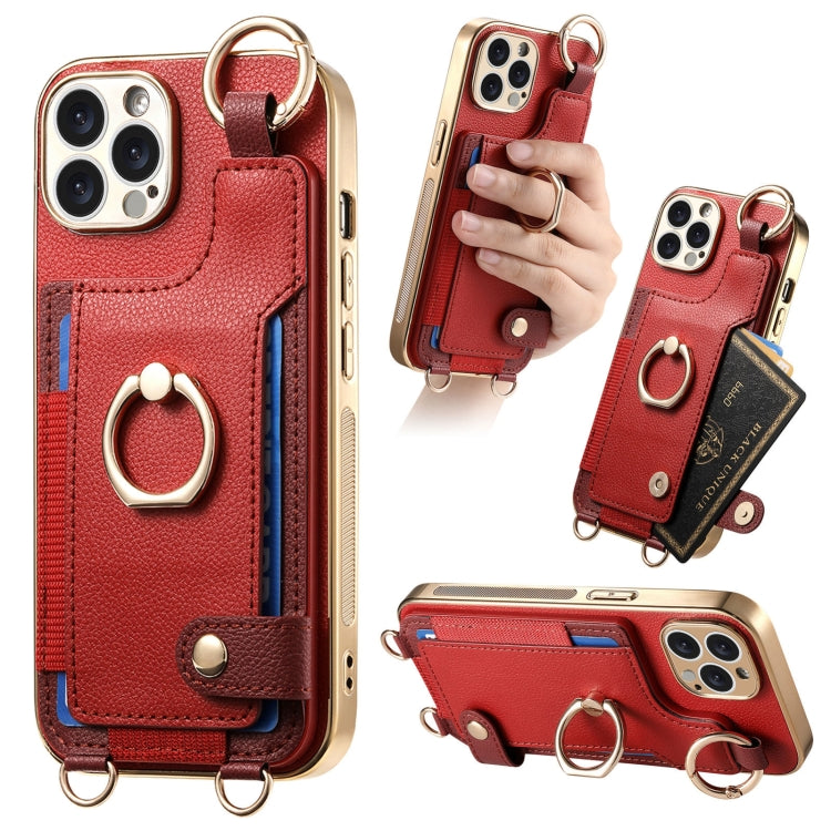 For iPhone 15 Pro Max Fashion Ring Card Bag Phone Case with Hang Loop(Red) - HoMEdemic™ 