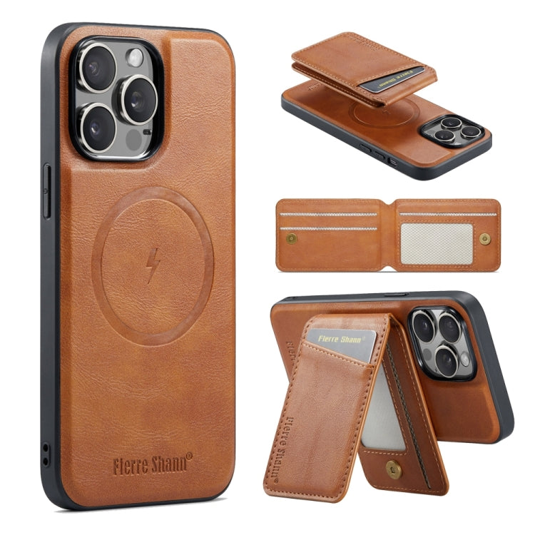 For iPhone 15 Pro Max Fierre Shann Cowhide Vertical Flip Magnetic Card Holder Phone Case(Brown) - HoMEdemic™ 