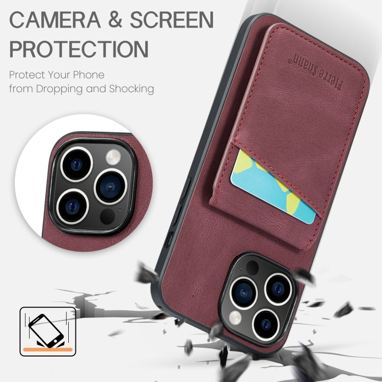 For iPhone 15 Pro Max Fierre Shann Crazy Horse Card Holder Back Cover PU Phone Case(Wine Red) - HoMEdemic™ 