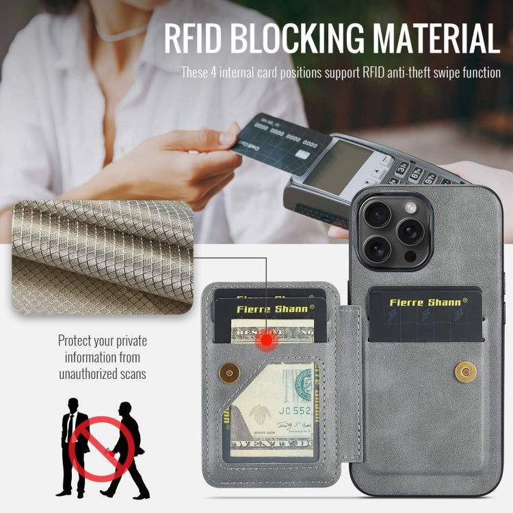 For iPhone 15 Pro Max Fierre Shann Oil Wax Cow Leather Card Holder Back Phone Case(Grey) - HoMEdemic™ 