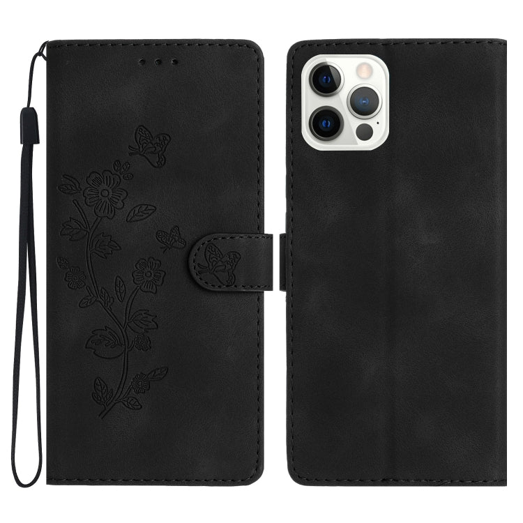 For iPhone 15 Pro Max Flower Butterfly Embossing Pattern Leather Phone Case(Black) - HoMEdemic™ 