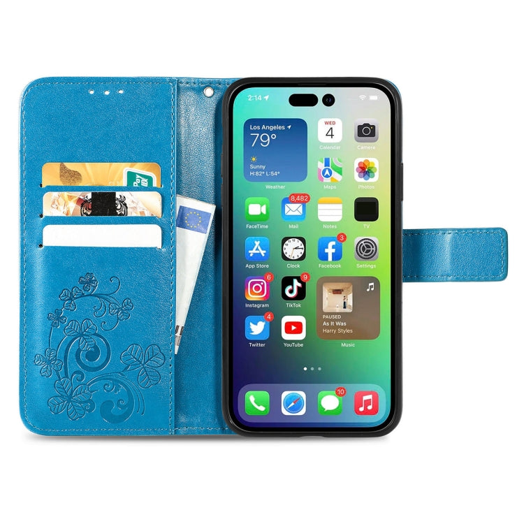 For iPhone 15 Pro Max Four-leaf Clasp Embossed Buckle Leather Phone Case(Blue) - HoMEdemic™ 