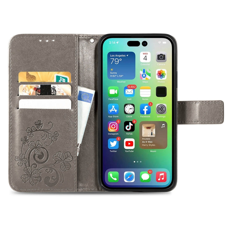 For iPhone 15 Pro Max Four-leaf Clasp Embossed Buckle Leather Phone Case(Gray) - HoMEdemic™ 