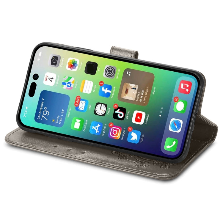 For iPhone 15 Pro Max Four-leaf Clasp Embossed Buckle Leather Phone Case(Gray) - HoMEdemic™ 