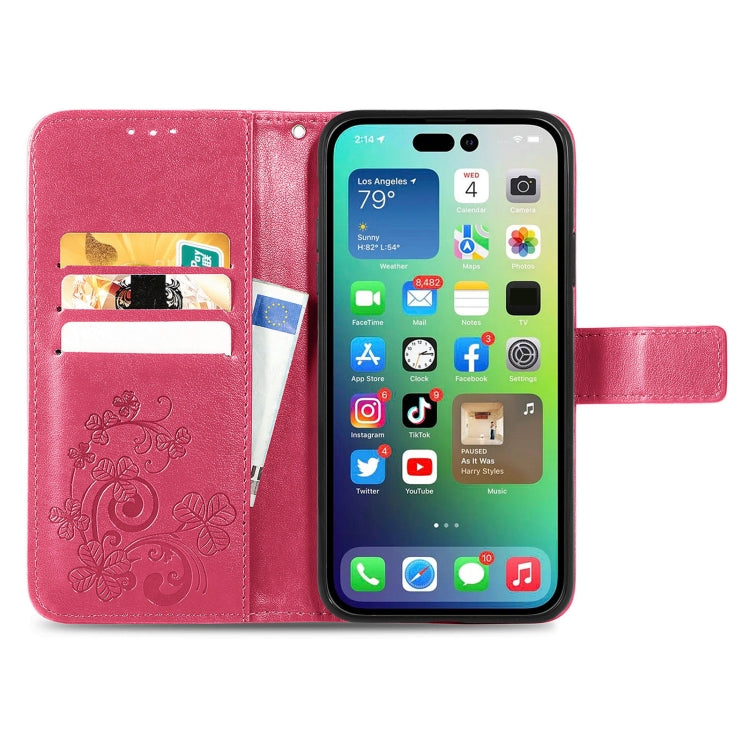 For iPhone 15 Pro Max Four-leaf Clasp Embossed Buckle Leather Phone Case(Magengta) - HoMEdemic™ 