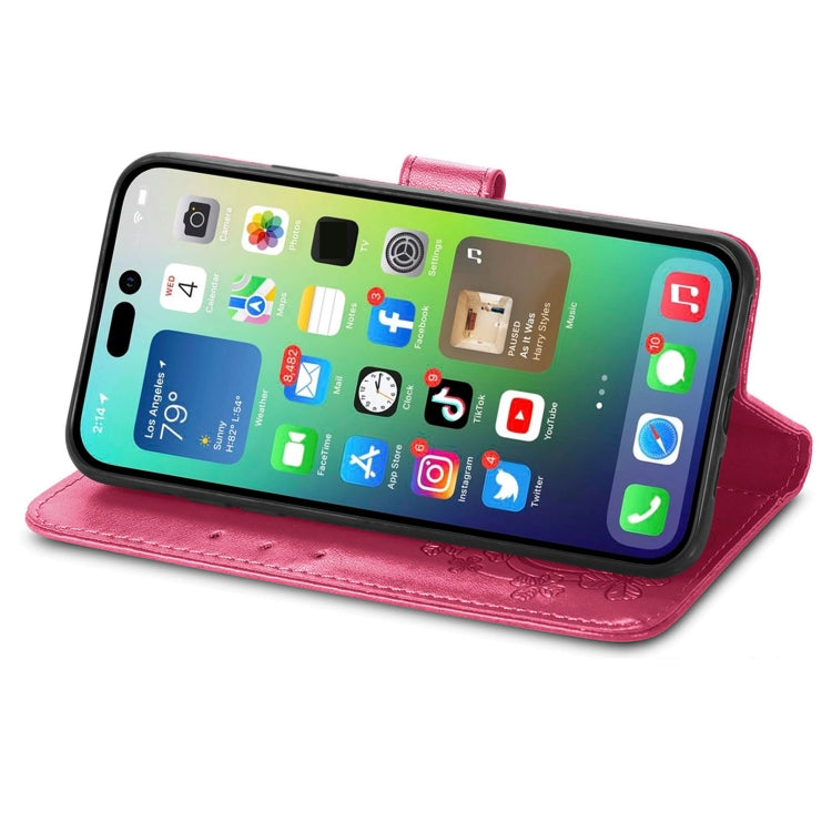 For iPhone 15 Pro Max Four-leaf Clasp Embossed Buckle Leather Phone Case(Magengta) - HoMEdemic™ 