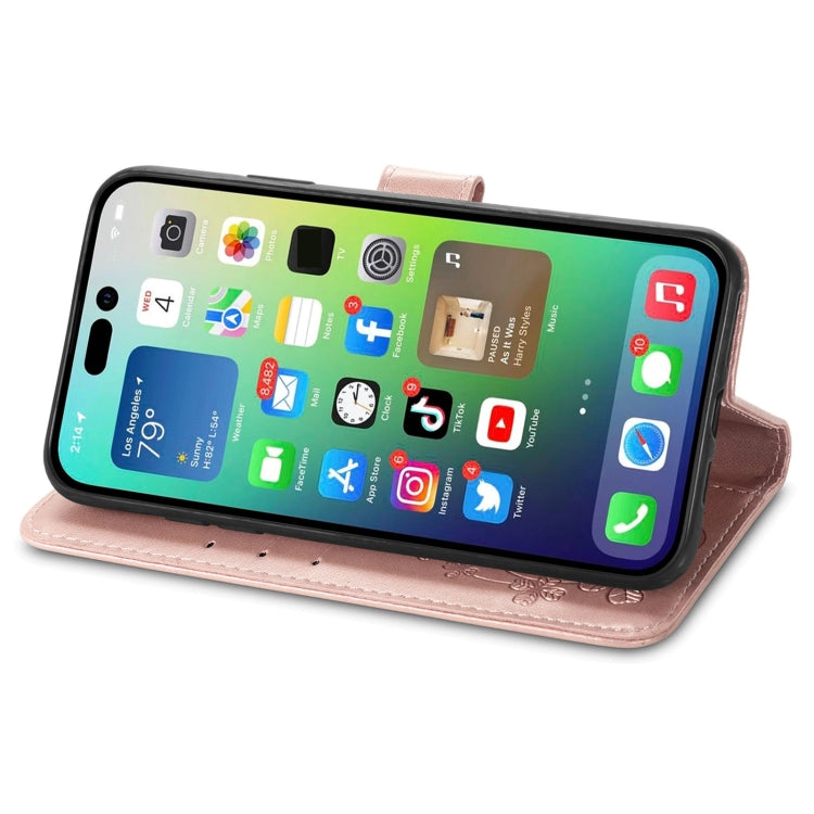 For iPhone 15 Pro Max Four-leaf Clasp Embossed Buckle Leather Phone Case(Rose Gold) - HoMEdemic™ 