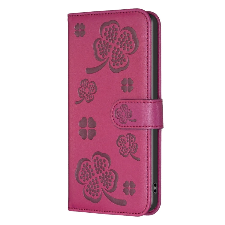 For iPhone 15 Pro Max Four-leaf Embossed Leather Phone Case(Rose Red) - HoMEdemic™ 