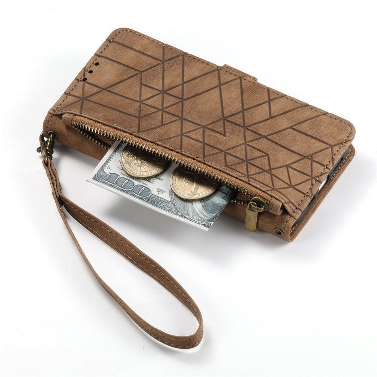 For iPhone 15 Pro Max Geometric Zipper Wallet Side Buckle Leather Phone Case(Brown) - HoMEdemic™ 