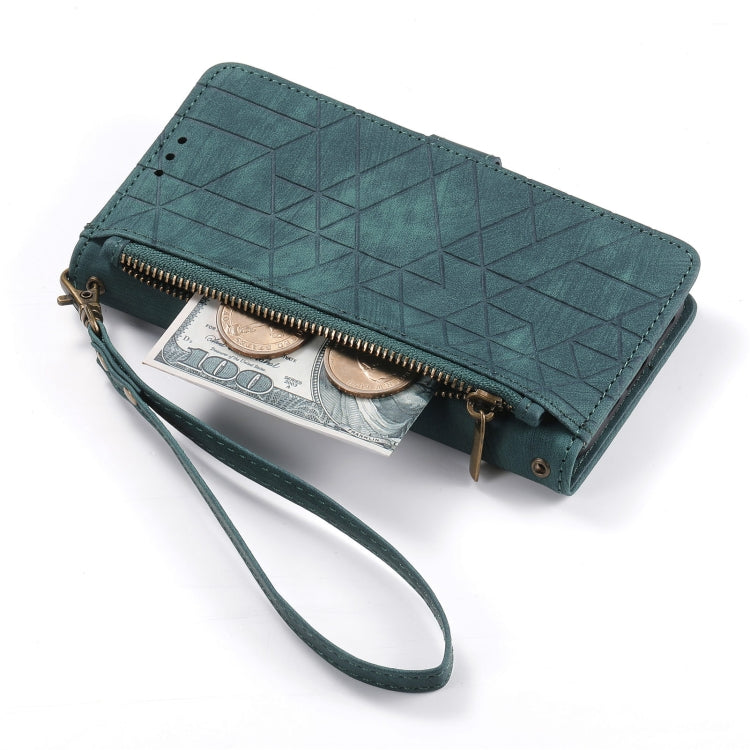For iPhone 15 Pro Max Geometric Zipper Wallet Side Buckle Leather Phone Case(Green) - HoMEdemic™ 