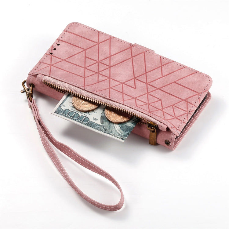 For iPhone 15 Pro Max Geometric Zipper Wallet Side Buckle Leather Phone Case(Pink) - HoMEdemic™ 