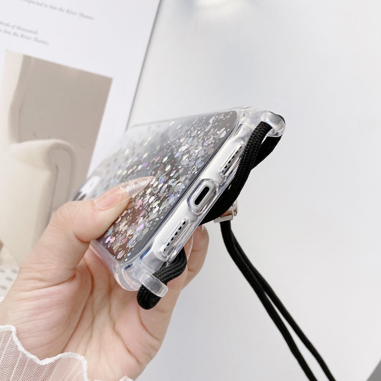 For iPhone 15 Pro Max Gradient Glitter Epoxy TPU Thickened Acrylic Phone Case with Round Neck Lanyard(Black) - HoMEdemic™ 