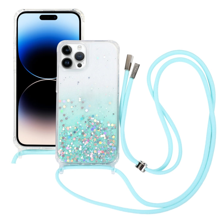 For iPhone 15 Pro Max Gradient Glitter Epoxy TPU Thickened Acrylic Phone Case with Round Neck Lanyard(Blue) - HoMEdemic™ 