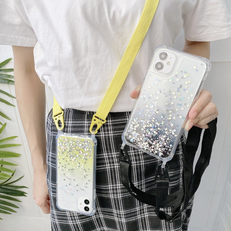 For iPhone 15 Pro Max Gradient Glitter Epoxy TPU Thickened Acrylic Phone Case with Wide Lanyard(Blue) - HoMEdemic™ 
