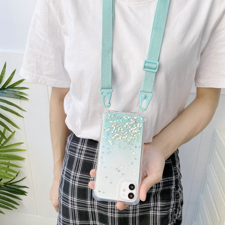 For iPhone 15 Pro Max Gradient Glitter Epoxy TPU Thickened Acrylic Phone Case with Wide Lanyard(Blue) - HoMEdemic™ 
