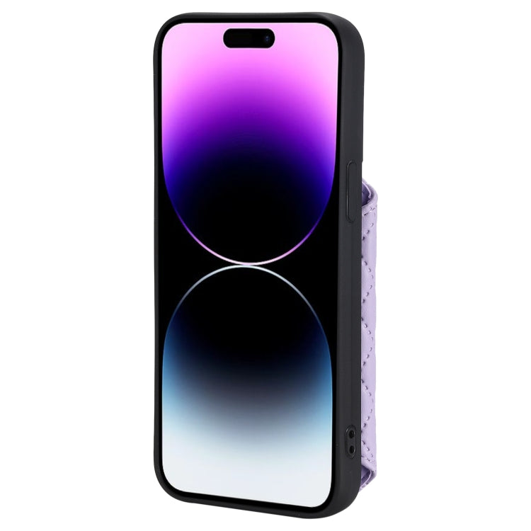 For iPhone 15 Pro Max Grid Texture Card Bag Phone Case with Lanyard(Purple) - HoMEdemic™ 
