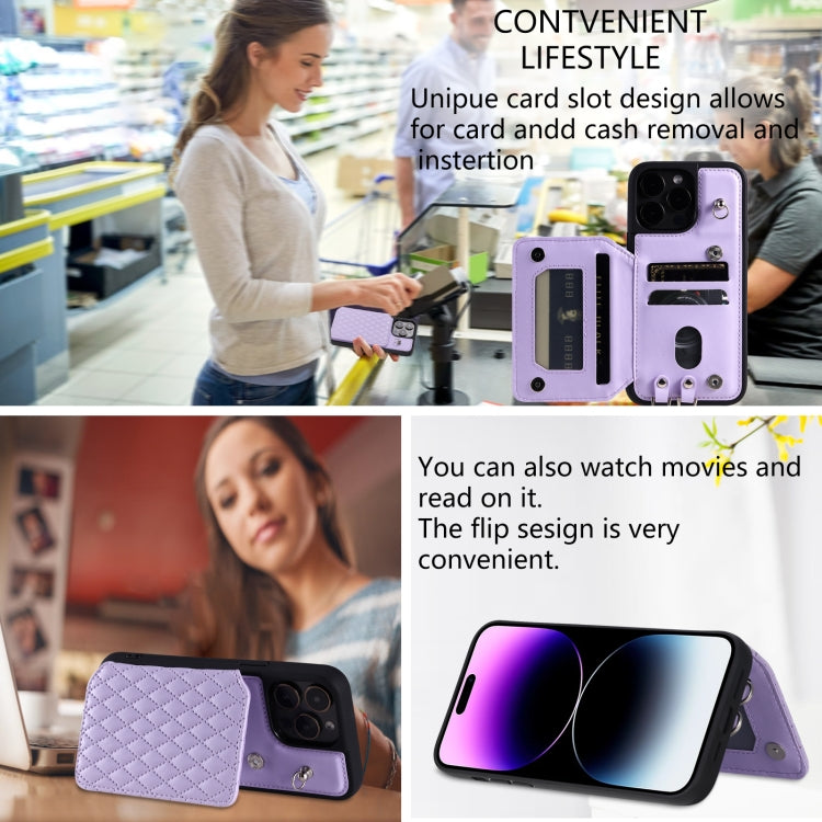For iPhone 15 Pro Max Grid Texture Card Bag Phone Case with Lanyard(Purple) - HoMEdemic™ 