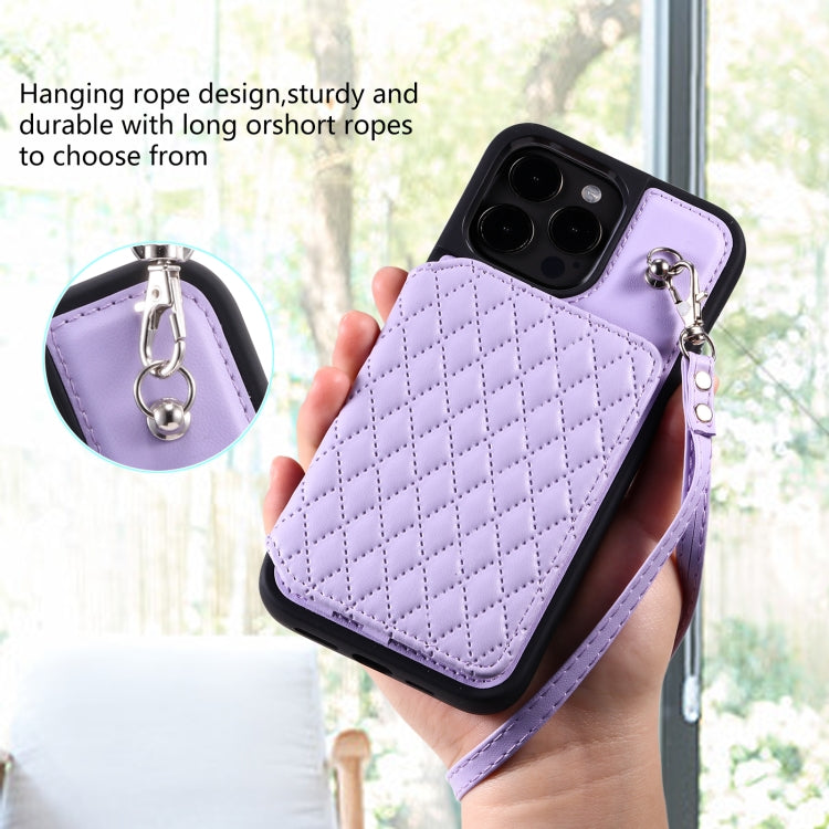 For iPhone 15 Pro Max Grid Texture Card Bag Phone Case with Lanyard(Purple) - HoMEdemic™ 
